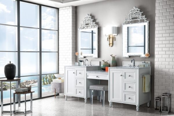 James Martin 301-V86-BW-DU-3CAR Copper Cove Encore 90 Inch Double Vanity Set in Bright White with Makeup Table with 3 cm Carrara Marble Top