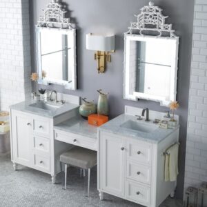 James Martin 301-V86-BW-DU-3CAR Copper Cove Encore 90 Inch Double Vanity Set in Bright White with Makeup Table with 3 cm Carrara Marble Top