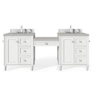 James Martin 301-V86-BW-DU-3ESR Copper Cove Encore 86 Inch Double Vanity Set in Bright White with Makeup Table and 3 CM Eternal Serena Quartz Top