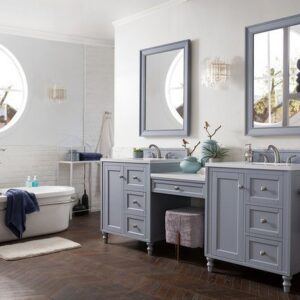 James Martin 301-V86-SL-DU-3CAR Copper Cove Encore 90 Inch Double Vanity Set in Silver Gray with Makeup Table with 3 cm Carrara Marble Top