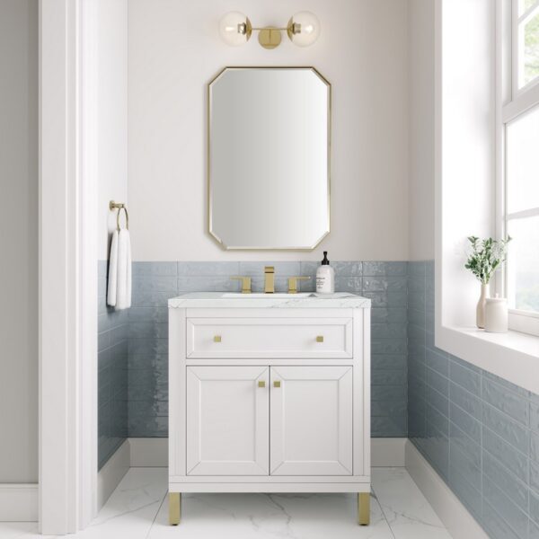 James Martin 305-V30-GW-3ENC Chicago 30 Inch Glossy White Single Sink Vanity with 3 cm Ethereal Noctis Top