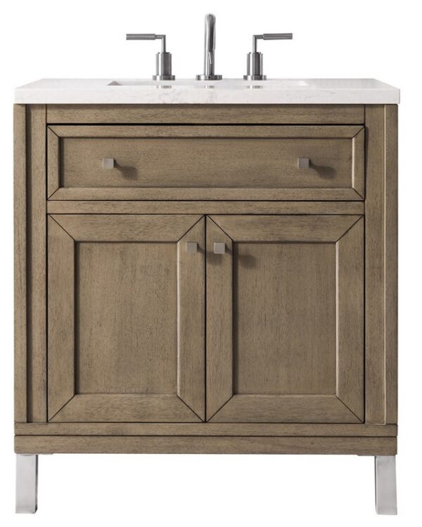 James Martin 305-V30-WWW-3AF Chicago 30 Inch Single Vanity in Whitewashed Walnut with 3 cm Arctic Fall Solid Surface Top