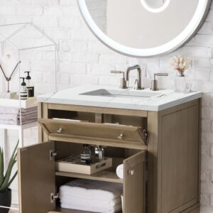 James Martin 305-V30-WWW-3ENC Chicago 30 Inch Single Vanity Cabinet with Ethereal Noctis Quartz Top - Whitewashed Walnut