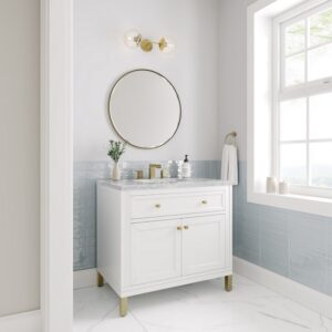 James Martin 305-V36-GW-3CAR Chicago 36 Inch Glossy White Single Sink Vanity with 3 cm Carrara Marble Top