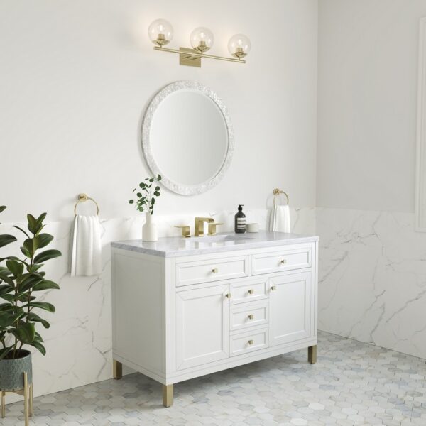 James Martin 305-V48-GW-3CAR Chicago 48 Inch Glossy White Single Sink Vanity with 3 cm Carrara Marble Top