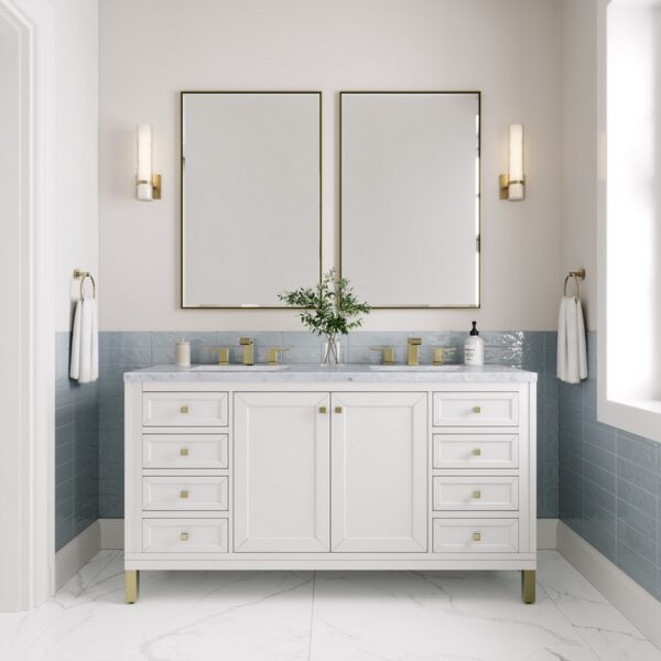 James Martin 305-V60D-GW-3CAR Chicago 60 Inch Glossy White Double Sink Vanity with 3 cm Carrara Marble Top