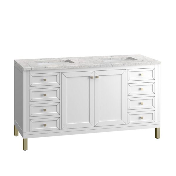 James Martin 305-V60D-GW-3EJP Chicago 60 Inch Glossy White Double Sink Vanity with 3 cm Eternal Jasmine Pearl Top