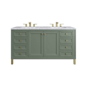 James Martin 305-V60D-SC-3CAR Chicago 60 Inch Smokey Celadon Double Sink Vanity with 3 cm Carrara Marble Top