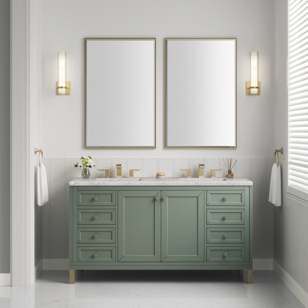 James Martin 305-V60D-SC-3EJP Chicago 60 Inch Smokey Celadon Double Sink Vanity with 3 cm Eternal Jasmine Pearl Top