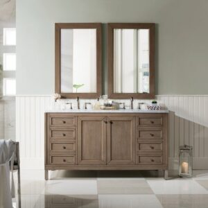 James Martin 305-V60D-WWW-3CAR Chicago 60 Inch Whitewashed Walnut Double Vanity with 3 cm Carrara Marble Top