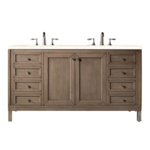 James Martin 305-V60D-WWW-3EMR Chicago 60 Inch Double Vanity Whitewashed Walnut with 3 CM Eternal Marfil Quartz Top