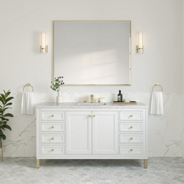 James Martin 305-V60S-GW-3EJP Chicago 60 Inch Glossy White Single Sink Vanity with 3 cm Eternal Jasmine Pearl Top