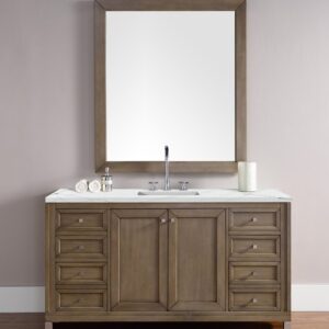 James Martin 305-V60S-WWW-3ENC Chicago 60 Inch Single Vanity Cabinet with Ethereal Noctis Quartz Top - Whitewashed Walnut