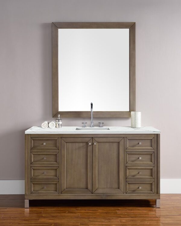 James Martin 305-V60S-WWW-3ENC Chicago 60 Inch Single Vanity Cabinet with Ethereal Noctis Quartz Top - Whitewashed Walnut