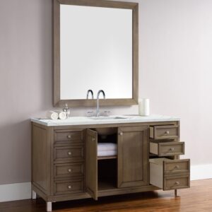 James Martin 305-V60S-WWW-3ENC Chicago 60 Inch Single Vanity Cabinet with Ethereal Noctis Quartz Top - Whitewashed Walnut