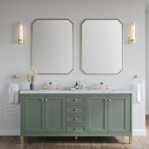 James Martin 305-V72-SC-3CAR Chicago 72 Inch Smokey Celadon Double Sink Vanity with 3 cm Carrara Marble Top