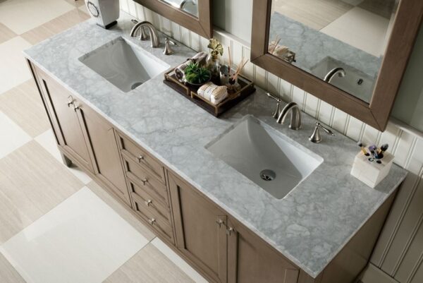 James Martin 305-V72-WWW-3CAR Chicago 72 Inch Whitewashed Walnut Double Vanity with 3 cm Carrara Marble Top