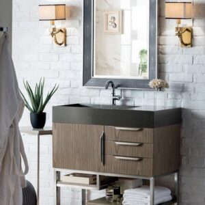 James Martin 388-V36-AGR-BN-GW Columbia 36 Inch Single Vanity in Ash Gray with Glossy White Solid Surface Top