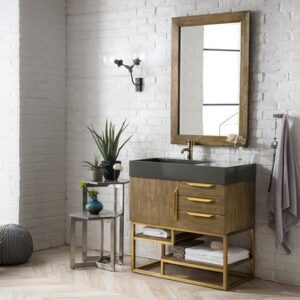 James Martin 388-V36-LTO-RG-GW Columbia 36 Inch Single Vanity in Latte Oak, Radiant Gold with Glossy White Solid Surface Top