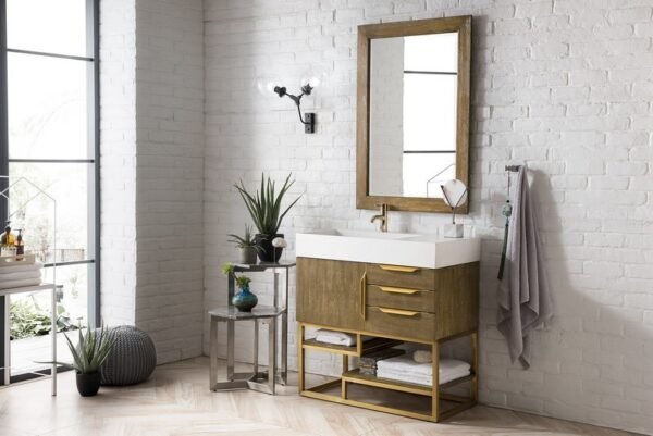 James Martin 388-V36-LTO-RG-GW Columbia 36 Inch Single Vanity in Latte Oak, Radiant Gold with Glossy White Solid Surface Top