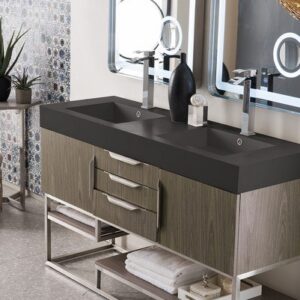 James Martin 388-V59D-AGR-BN-DGG Columbia 59 Inch Double Vanity in Ash Gray with Glossy Dark Gray Solid Surface Top