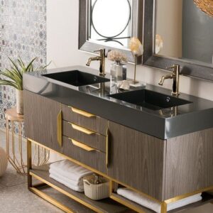 James Martin 388-V59D-AGR-RG-GW Columbia 59 Inch Double Vanity in Ash Gray, Radiant Gold with Glossy White Solid Surface Top