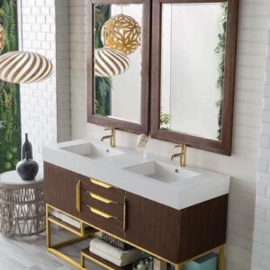 James Martin 388-V59D-CFO-RG-GW Columbia 59 Inch Double Vanity in Coffee Oak, Radiant Gold with Glossy White Solid Surface Top