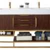 James Martin 388-V59D-CFO-RG-GW Columbia 59 Inch Double Vanity in Coffee Oak, Radiant Gold with Glossy White Solid Surface Top