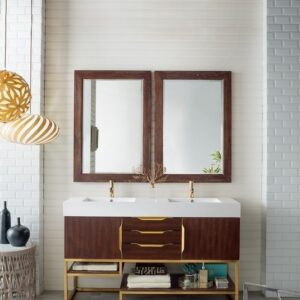 James Martin 388-V59D-CFO-RG-GW Columbia 59 Inch Double Vanity in Coffee Oak, Radiant Gold with Glossy White Solid Surface Top