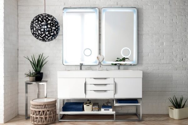 James Martin 388-V59D-GW-BN-GW Columbia 59 Inch Double Vanity in Glossy White with Glossy White Solid Surface Top