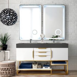 James Martin 388-V59D-GW-RG Columbia 59 Inch Double Vanity in Glossy White, Radiant Gold