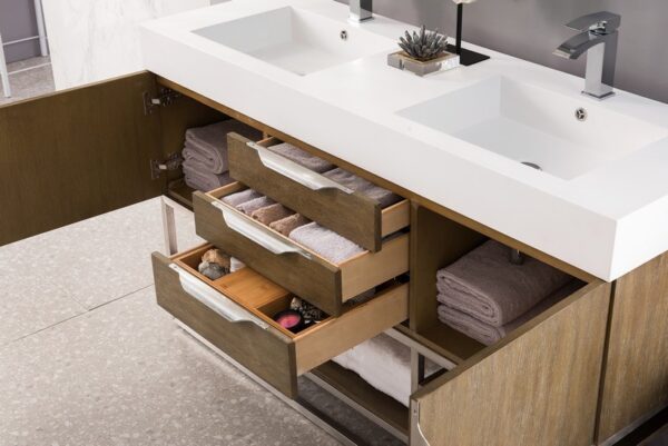 James Martin 388-V59D-LTO-BN-GW Columbia 59 Inch Double Vanity in Latte Oak with Glossy White Solid Surface Top