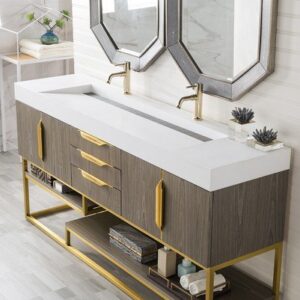 James Martin 388-V72D-AGR-RG-GW Columbia 72 Inch Double Vanity in Ash Gray, Radiant Gold with Glossy White Solid Surface Top