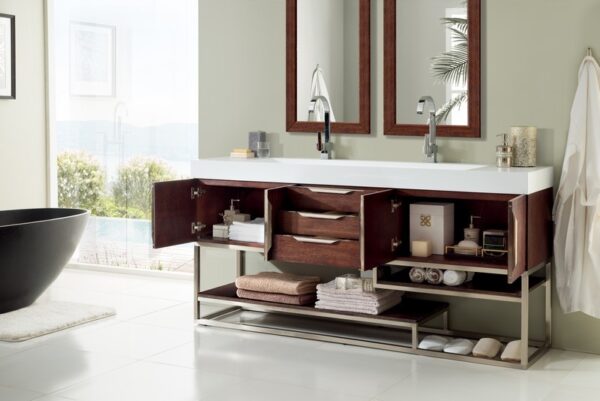 James Martin 388-V72D-CFO-BN-GW Columbia 72 Inch Double Vanity in Coffee Oak with Glossy White Solid Surface Top