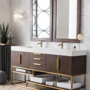 James Martin 388-V72D-CFO-RG-GW Columbia 72 Inch Double Vanity in Coffee Oak, Radiant Gold with Glossy White Solid Surface Top