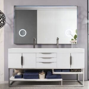 James Martin 388-V72D-GW-BN-GW Columbia 72 Inch Double Vanity in Glossy White with Glossy White Solid Surface Top