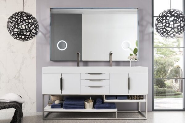 James Martin 388-V72D-GW-BN-GW Columbia 72 Inch Double Vanity in Glossy White with Glossy White Solid Surface Top