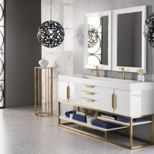 James Martin 388-V72D-GW-RG-GW Columbia 72 Inch Double Vanity in Glossy White, Radiant Gold with Glossy White Solid Surface Top