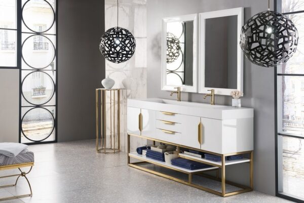 James Martin 388-V72D-GW-RG-GW Columbia 72 Inch Double Vanity in Glossy White, Radiant Gold with Glossy White Solid Surface Top