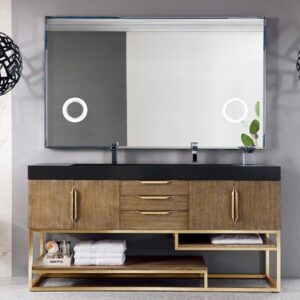 James Martin 388-V72D-LTO-RG-GW Columbia 72 Inch Double Vanity in Latte Oak, Radiant Gold with Glossy White Solid Surface Top