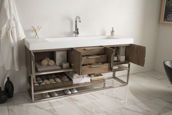 James Martin 388-V72S-LTO-BN-GW Columbia 72 Inch Single Vanity in Latte Oak with Glossy White Solid Surface Top