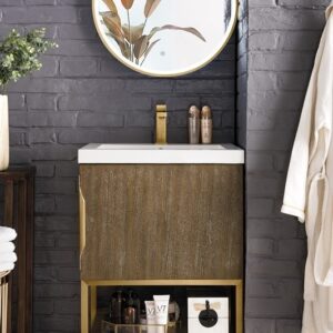 James Martin 388V24LTORGDWG Columbia 23 5/8 Inch Single Vanity Cabinet with White Glossy Composite Countertop - Latte Oak