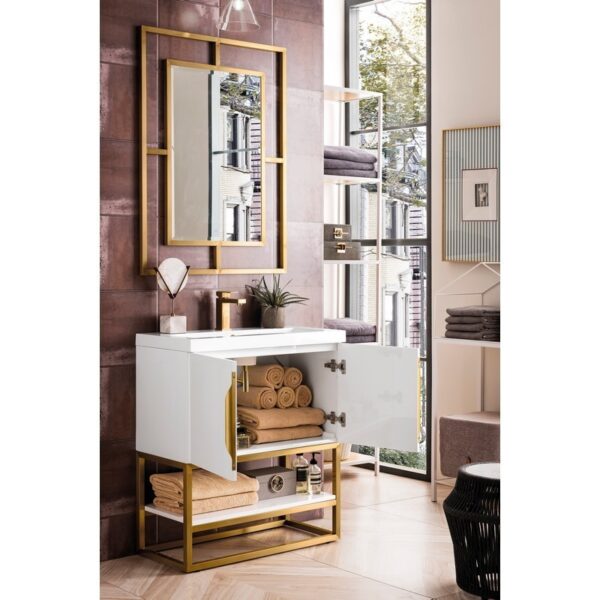 James Martin 388V31.5GWRGDWG Columbia 31.5 Inch Single Vanity Cabinet in Glossy White and Radiant Gold with White Glossy Composite Countertop