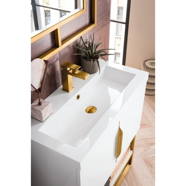 James Martin 388V31.5GWRGDWG Columbia 31.5 Inch Single Vanity Cabinet in Glossy White and Radiant Gold with White Glossy Composite Countertop