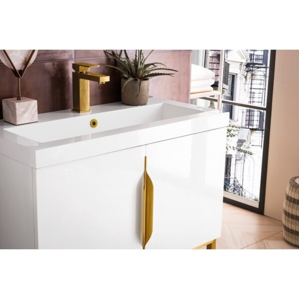 James Martin 388V31.5GWRGDWG Columbia 31.5 Inch Single Vanity Cabinet in Glossy White and Radiant Gold with White Glossy Composite Countertop