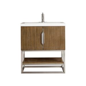 James Martin 388V31.5LTOBNKWG Columbia 31.5 Inch Single Vanity Cabinet in Latte Oak and Brushed Nickel with White Glossy Composite Countertop