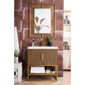 James Martin 388V31.5LTORGDWG Columbia 31.5 Inch Single Vanity Cabinet in Latte Oak and Radiant Gold with White Glossy Composite Countertop