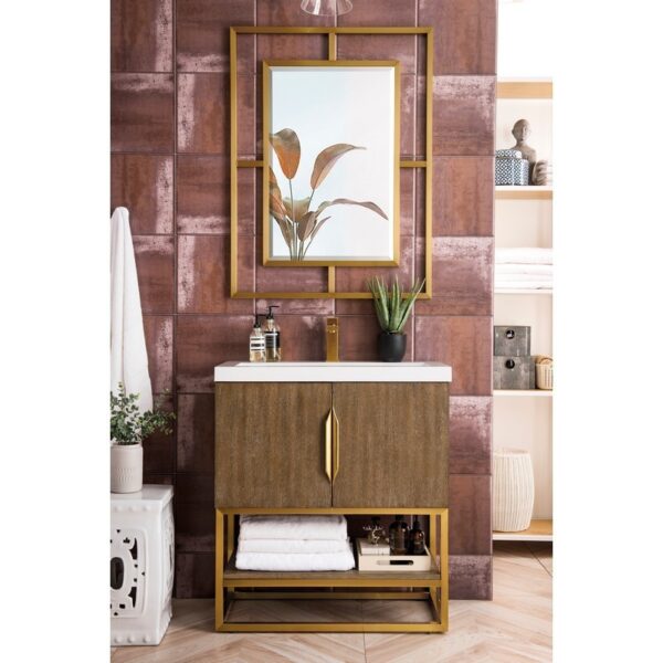 James Martin 388V31.5LTORGDWG Columbia 31.5 Inch Single Vanity Cabinet in Latte Oak and Radiant Gold with White Glossy Composite Countertop