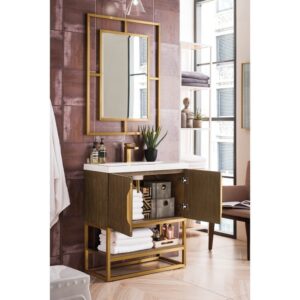 James Martin 388V31.5LTORGDWG Columbia 31.5 Inch Single Vanity Cabinet in Latte Oak and Radiant Gold with White Glossy Composite Countertop