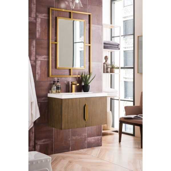 James Martin 388V31.5LTOWG Columbia 31.5 Inch Single Vanity Cabinet in Latte Oak with White Glossy Composite Countertop